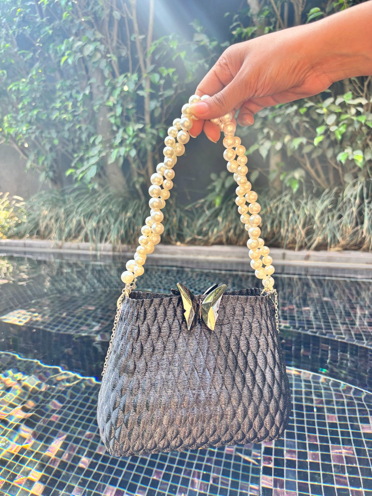 Butterfly Black Pearl Charm Bag - Elegant Textured & with classy Look