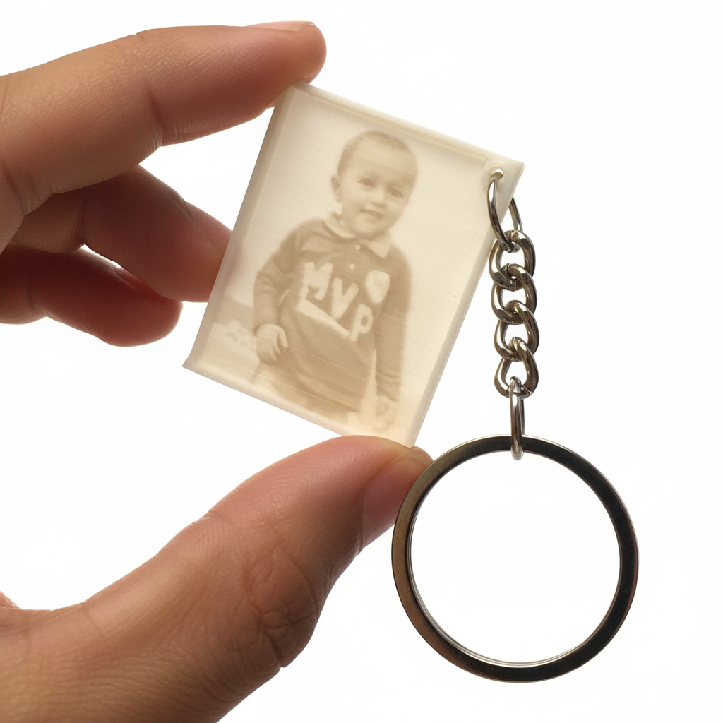 Close-up of rectangle lithophane photo keychain showing personalized design and quality