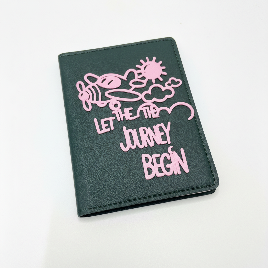 Close-up of Let the Journey Begin passport cover showing inspirational design and quality