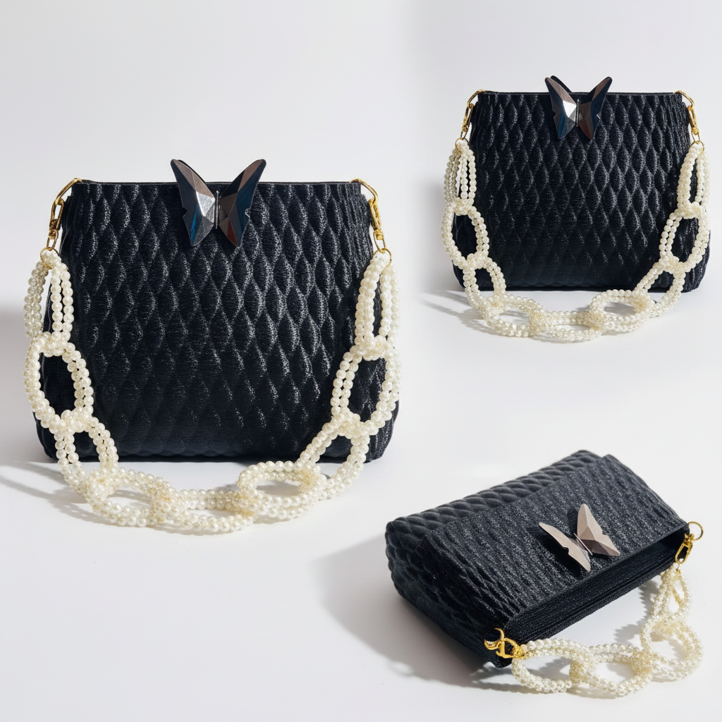 Black textured 3D printed handbag pearl chain butterfly clasp multiple angles