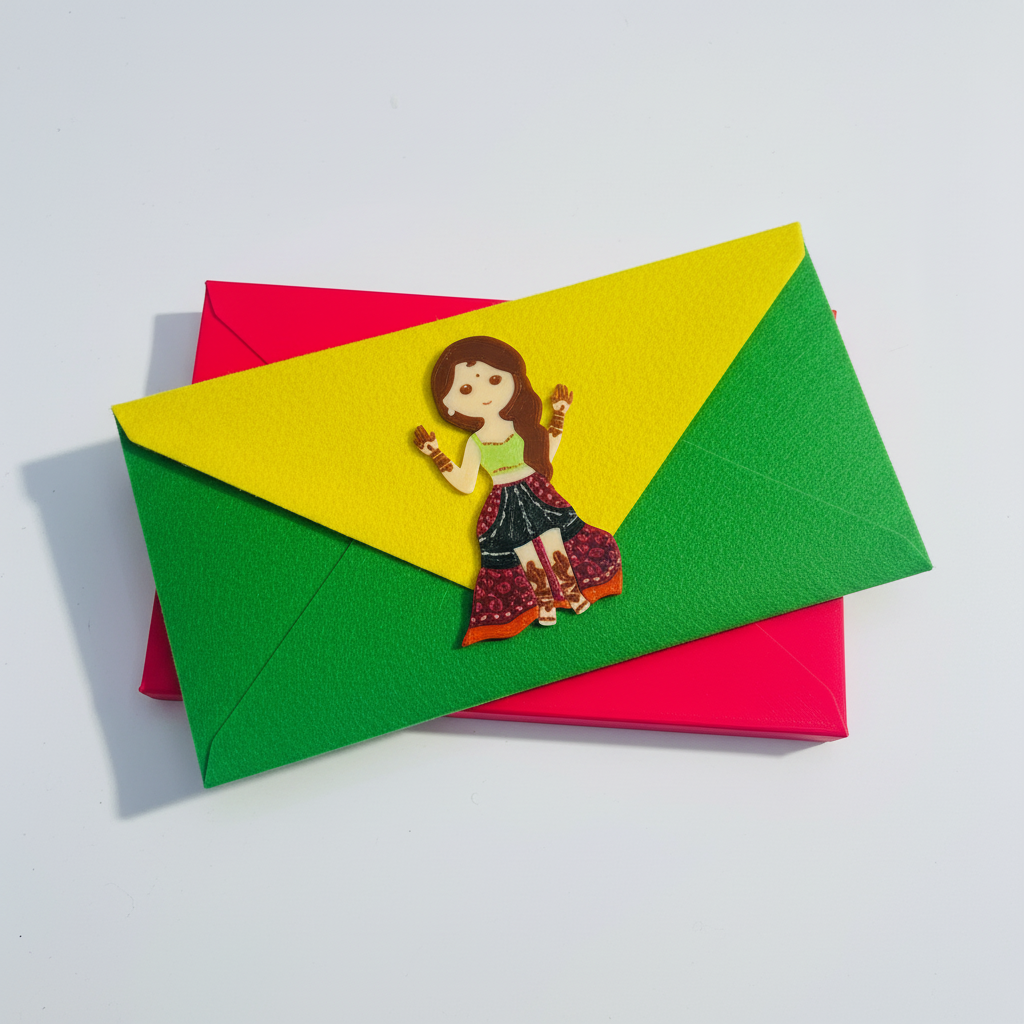 Close-up of mehndi function 3D printed envelope showing girl applying mehndi design