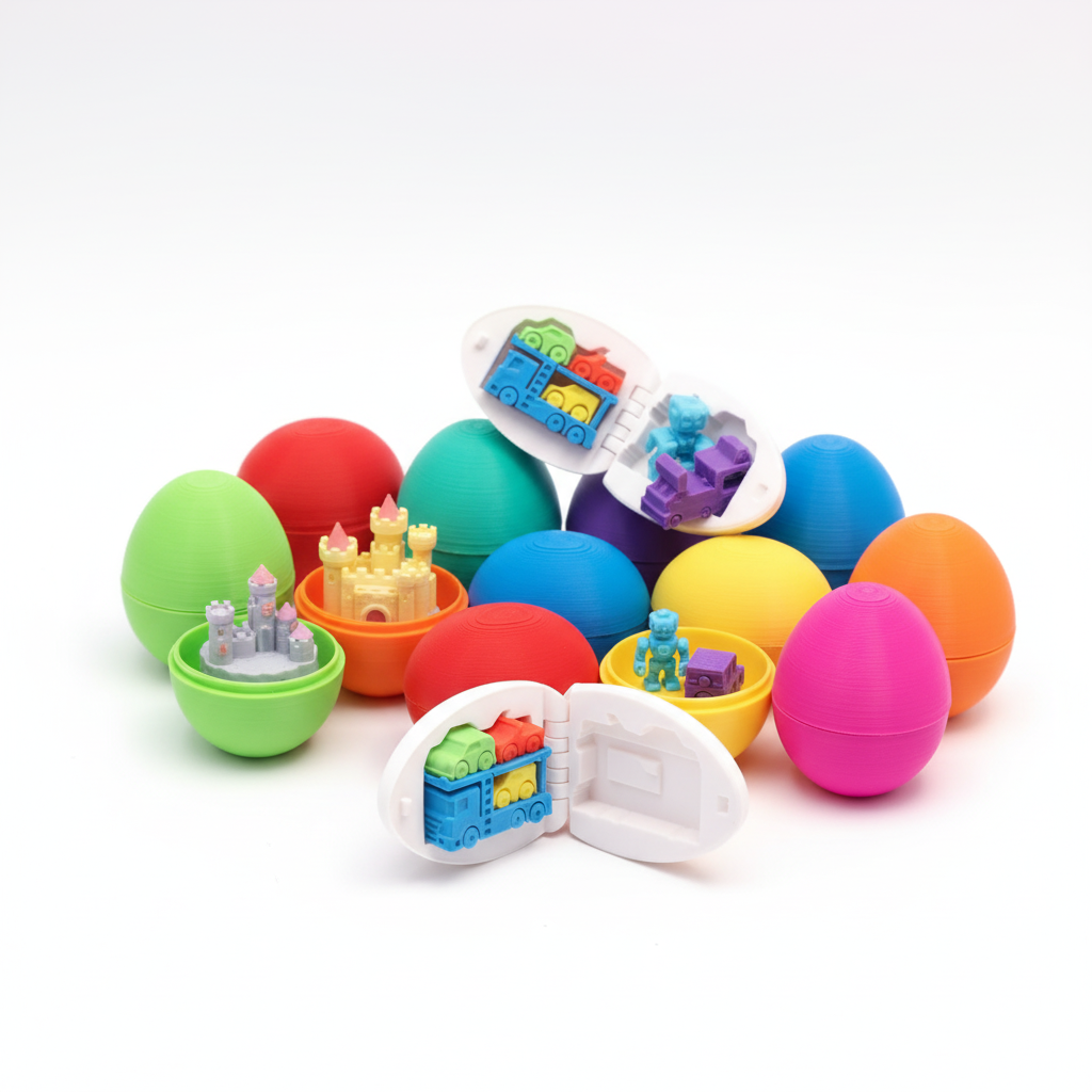 Colorful 3D printed surprising egg containers with surprise toys