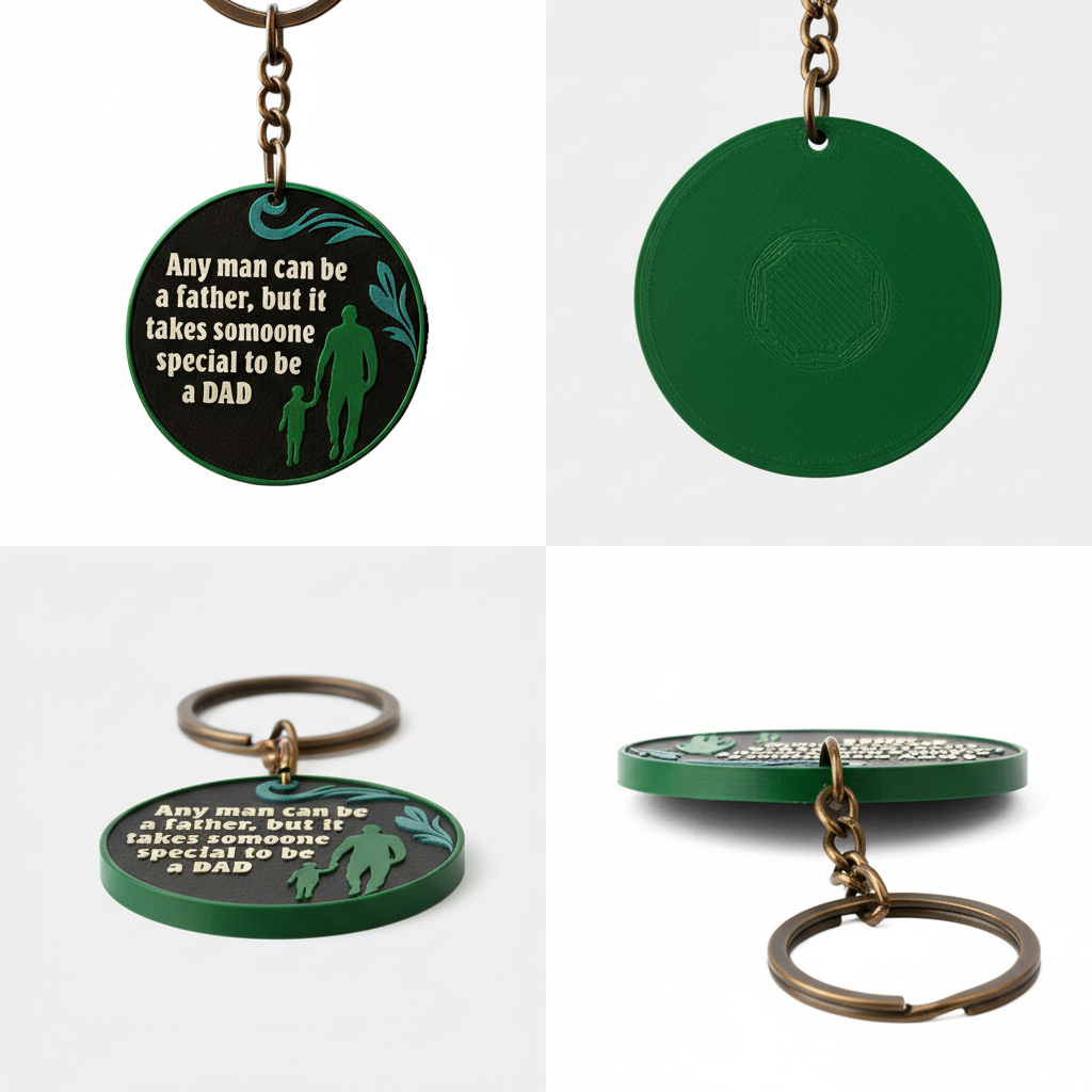 Multiple angle view of dad keychain showing engraved message and durable construction