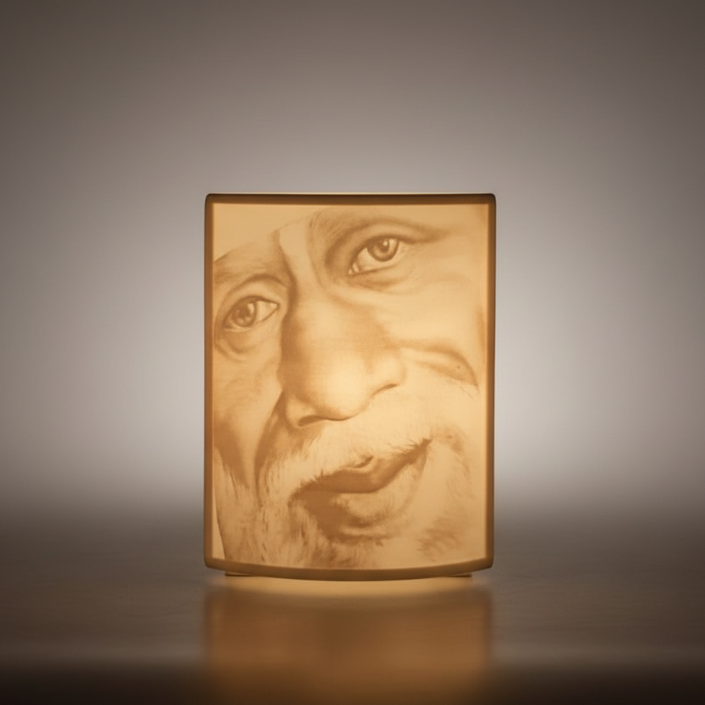 Shri Sai Baba lithophane night lamp glowing showing detailed engraving