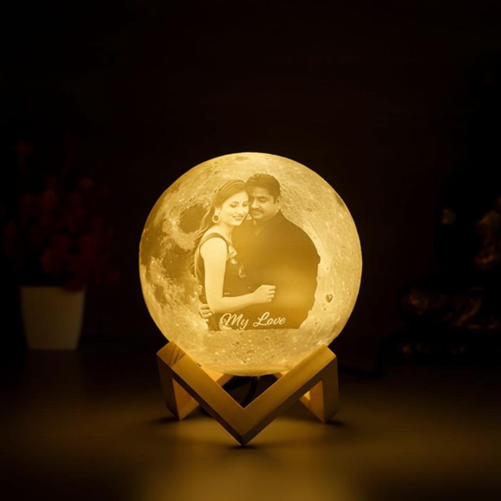 Close-up custom moon lamp personalized photo text engraved lunar craters