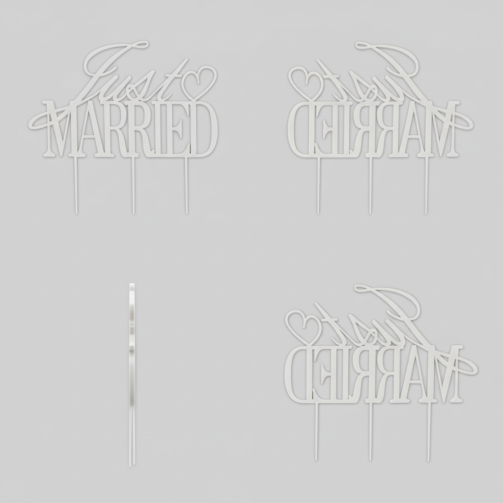 Multiple angle views of Just Married cake topper showing elegant craftsmanship