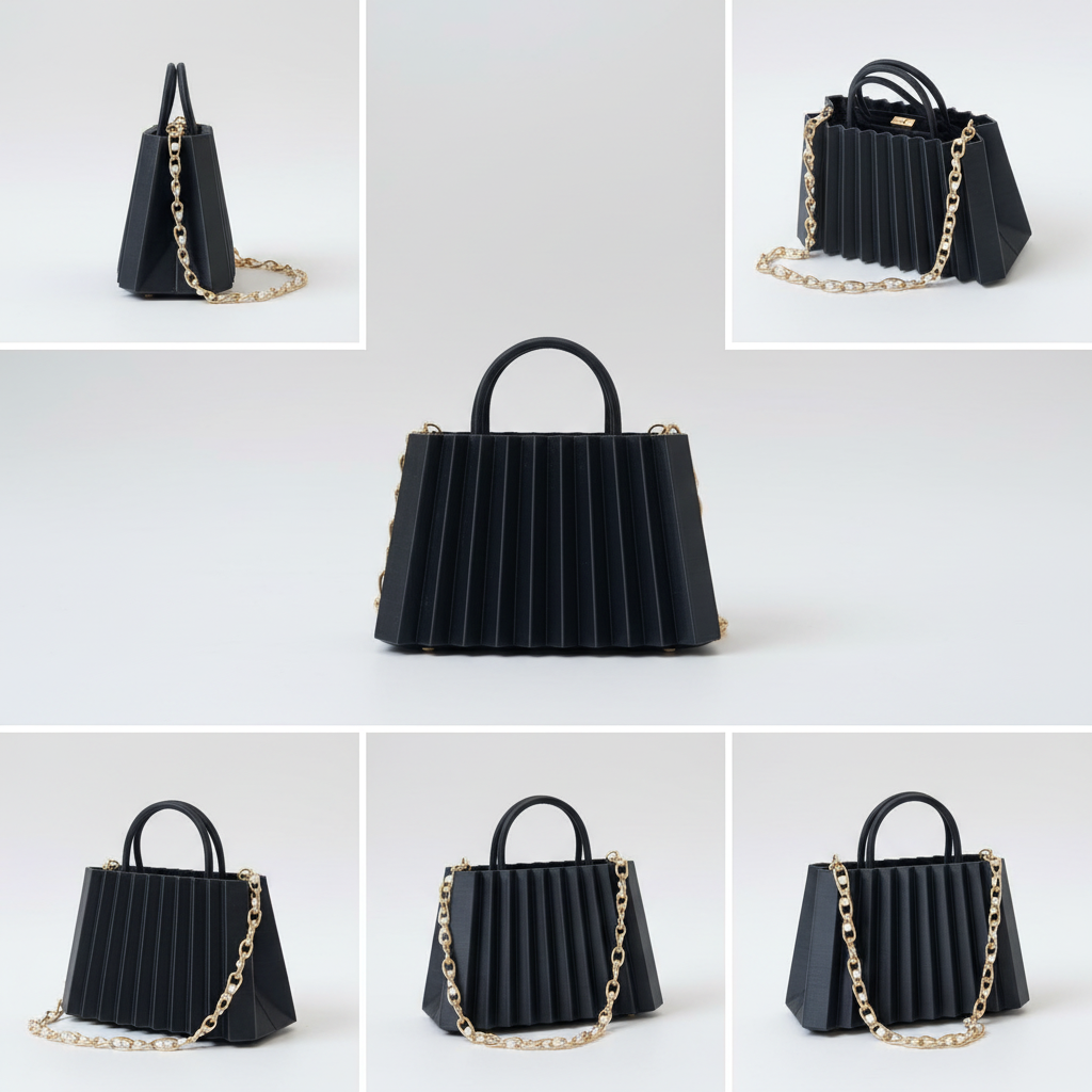 Black pleated mini 3D printed handbag multiple angles elegant texture