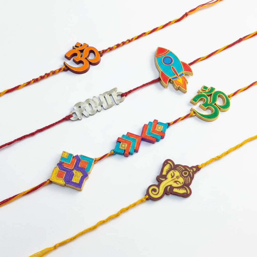 Multiple customized 3D printed rakhi designs showing personalization options with names and symbols