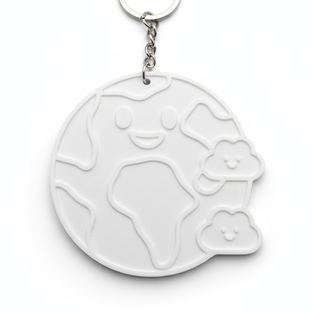Close-up smiley earth keychain showing 3D printed globe texture