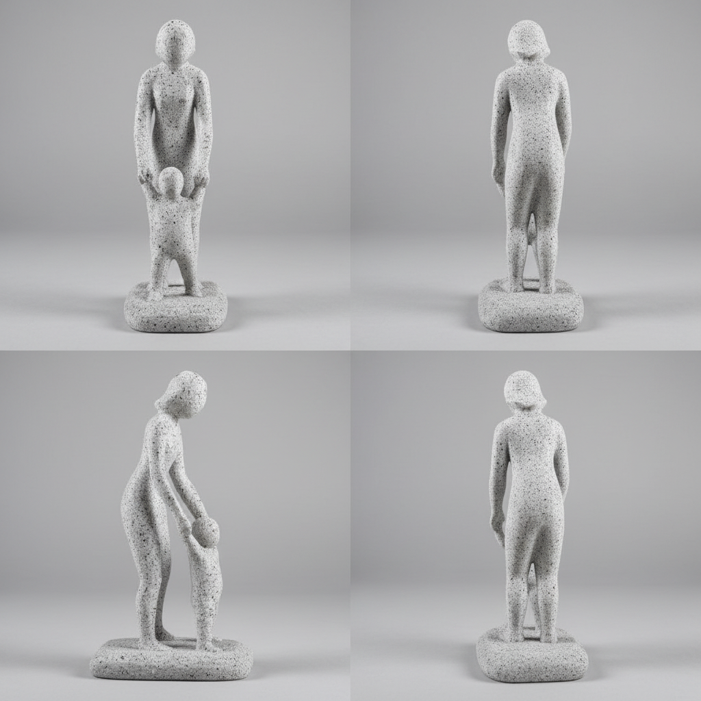 Multiple angle views of speckled white guiding hand figurine