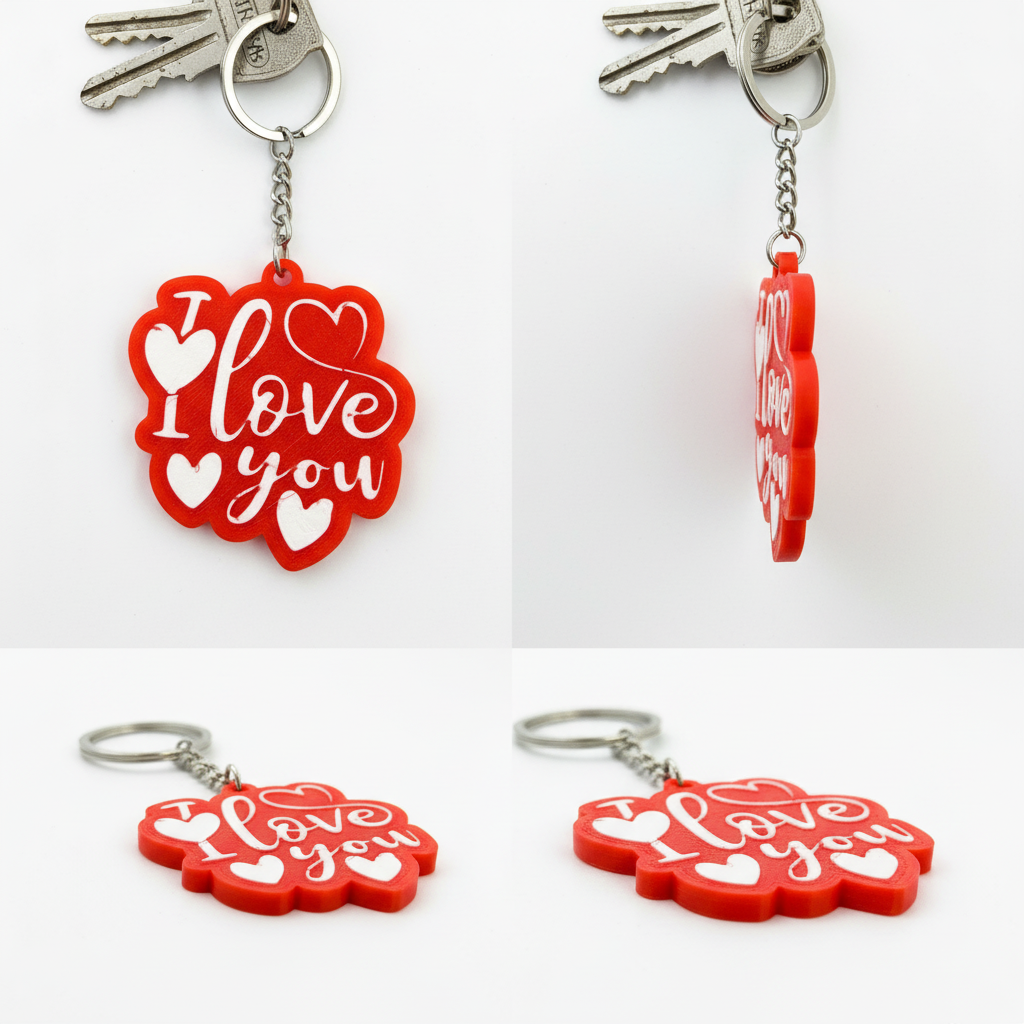 I Love You 3D printed keychain heart text design multiple angles