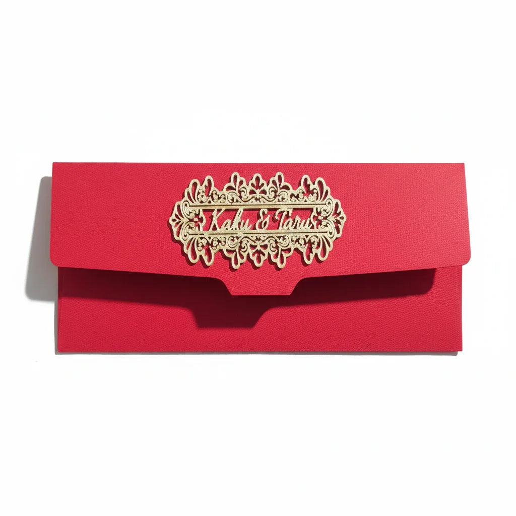 Red invitation envelope with ornate gold name detail, product for The Sculpt Studio