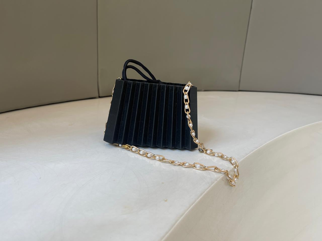 3d Printed Elegant Black Pleated Mini Handbag – Eco-Friendly