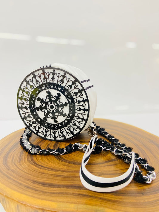 Black & White 3D-Printed Round Handbag with Tribal Art Design