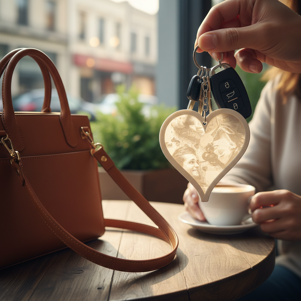 Custom heart lithophane keychain attached to keys showing everyday practical use