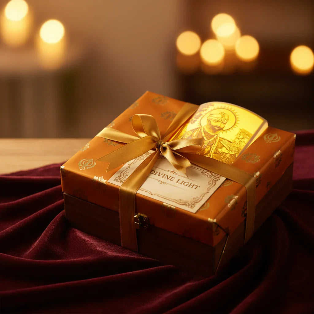 Elegant Divine Light gift box with gold ribbon, religious artwork, and soft candlelight, The Sculpt Studio