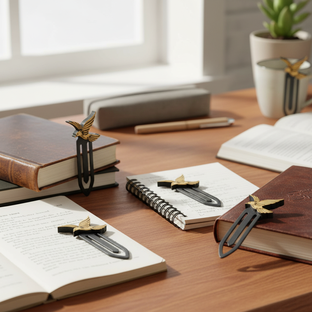 Bird clip bookmark on various books showing versatile practical use