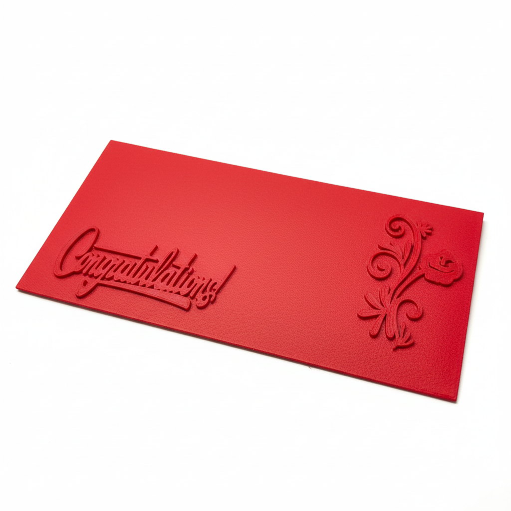 Close-up of vibrant red 3D printed Congratulations envelope showing bold design