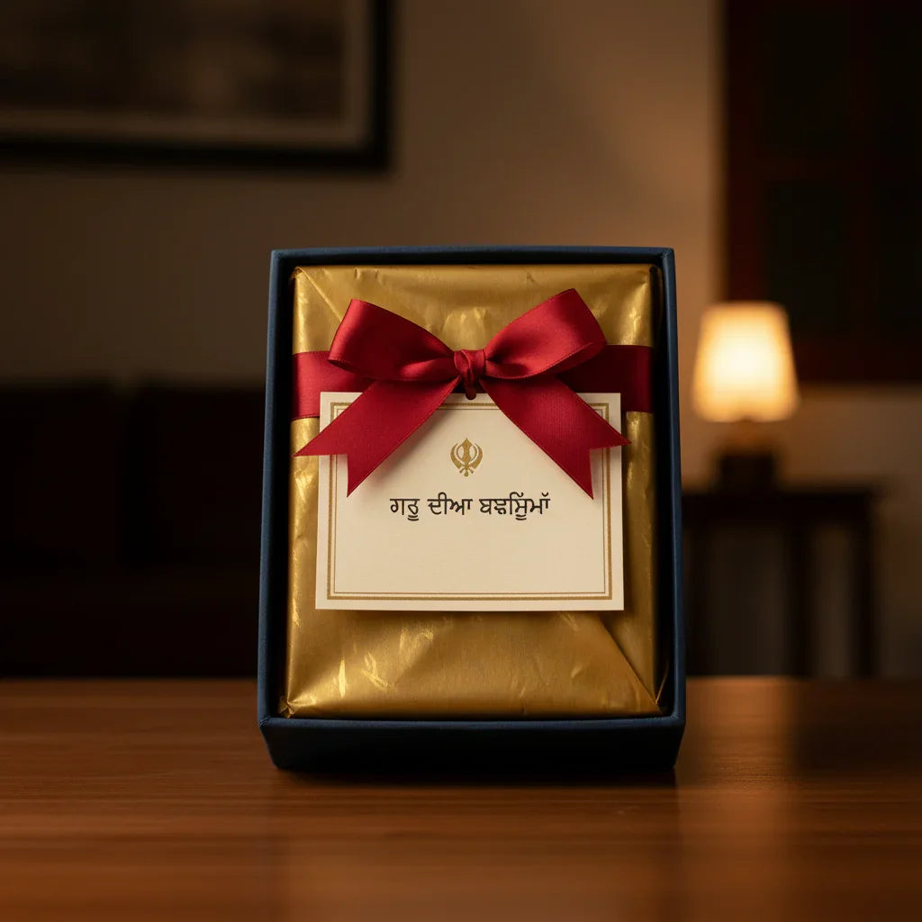 Elegant gold gift box with red ribbon and Sikh greeting card on table, The Sculpt Studio