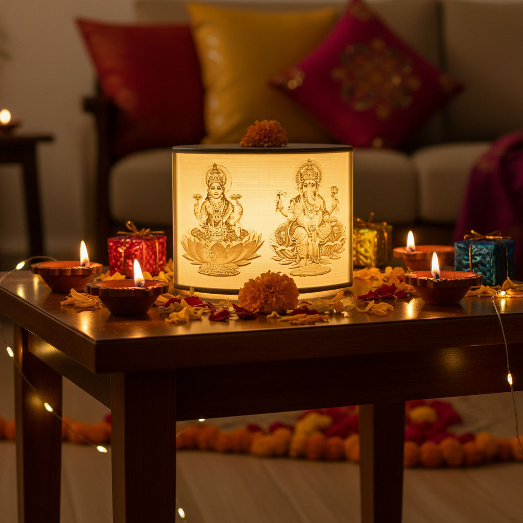 Laxmi Ganesh lamp during Diwali celebration with festive decorations and diyas