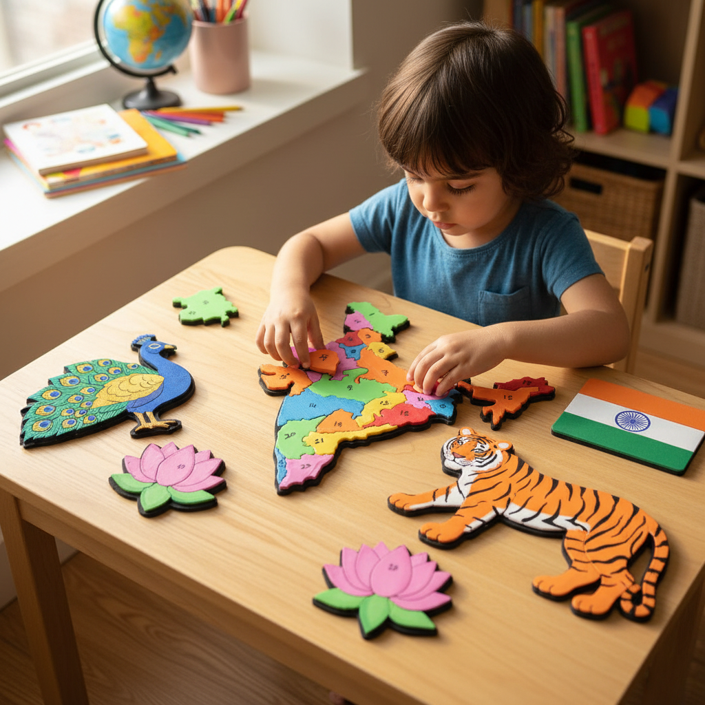Child assembling India Kit 2D puzzles map peacock tiger lotus flag learning