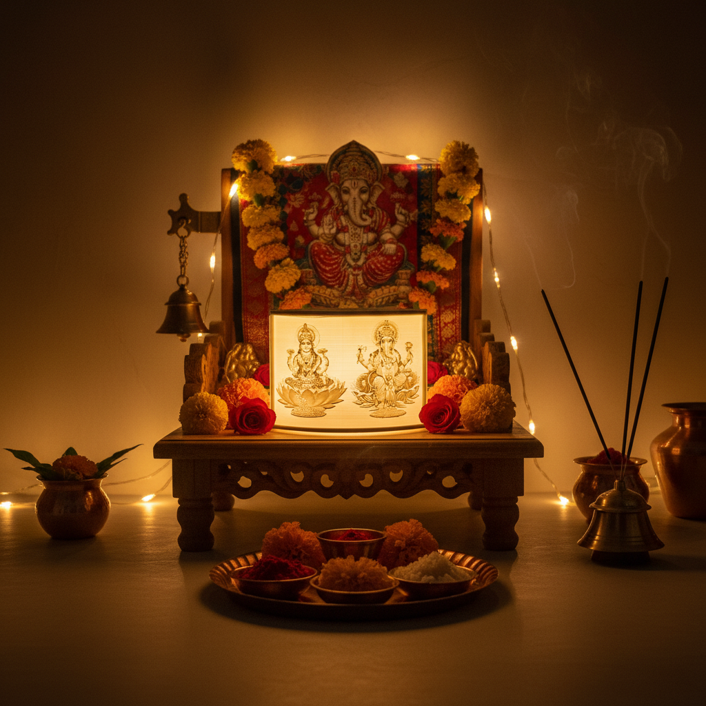 Laxmi Ganesh lithophane lamp glowing in home temple creating divine spiritual atmosphere