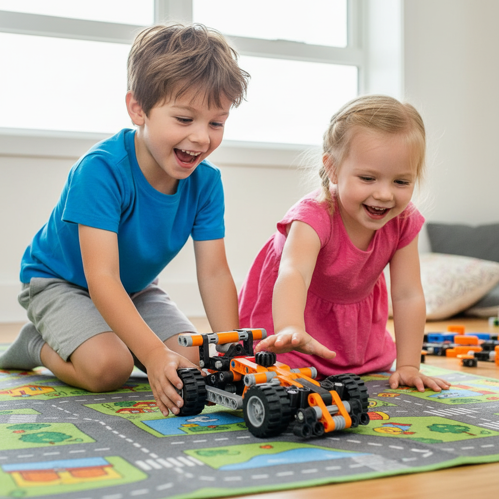 Children playing with 3D printed orange and black racing car toy showing joyful playtime