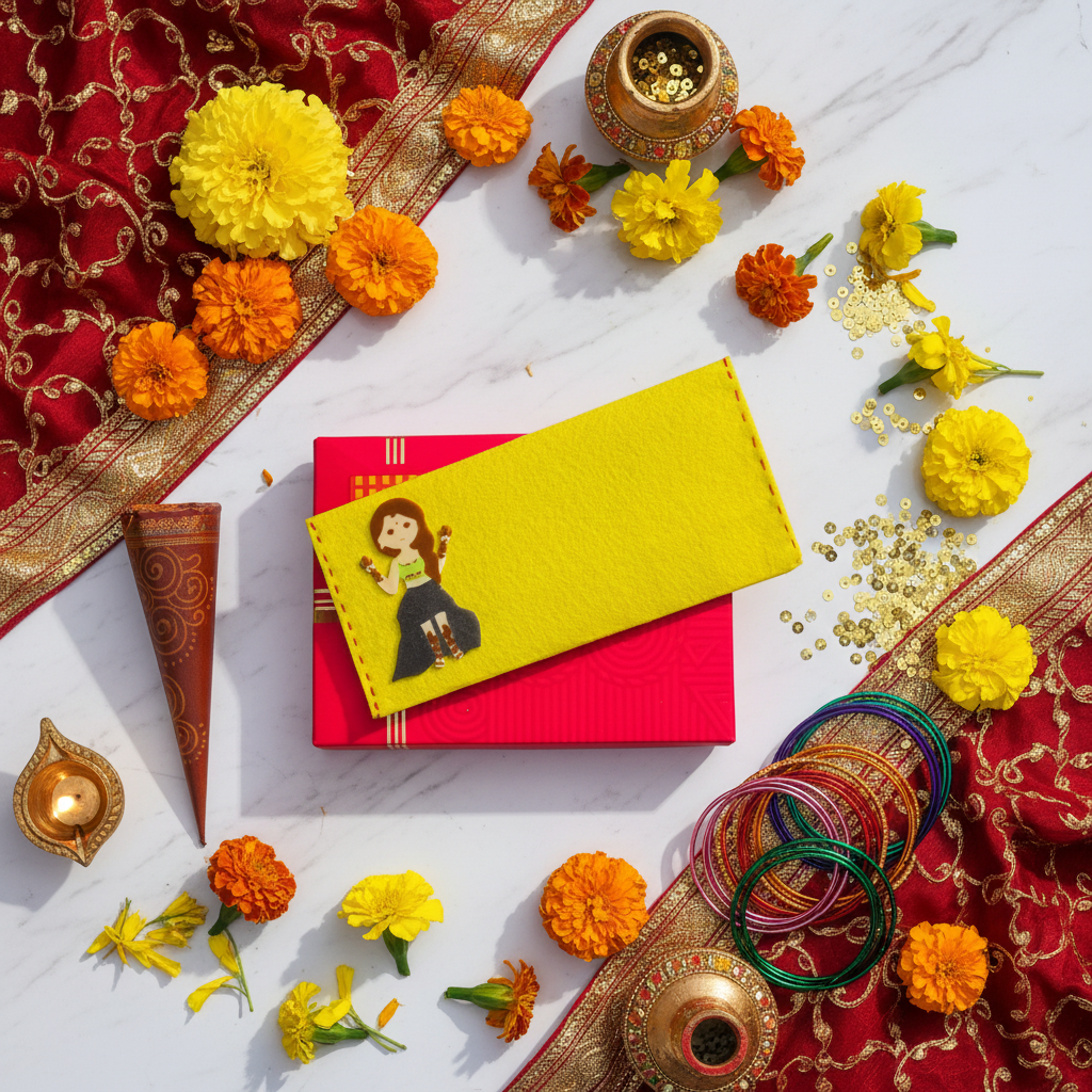 3D printed mehndi envelope in festive flatlay with traditional Indian wedding items
