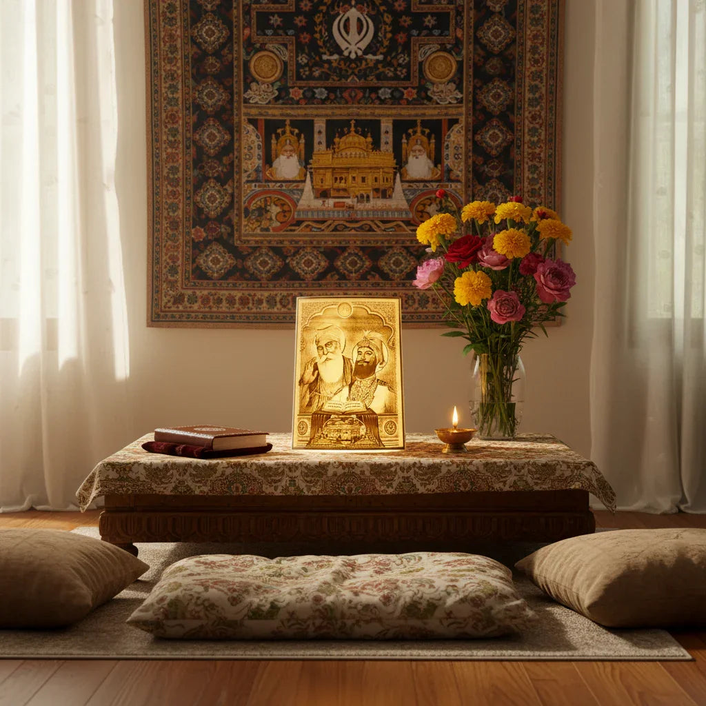 Sikh home altar with engraved religious art, floral arrangement, and decorative tapestry