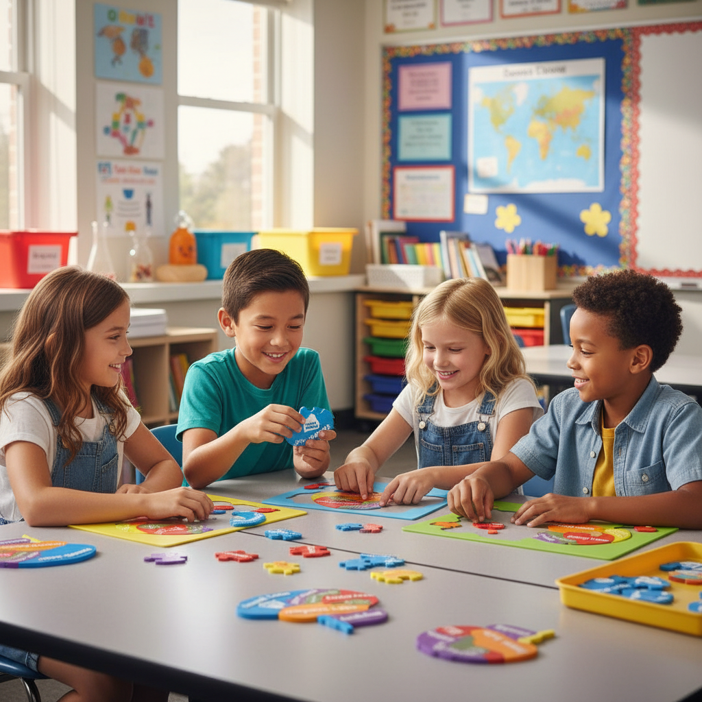 Children classroom working 2D brain puzzles STEM learning