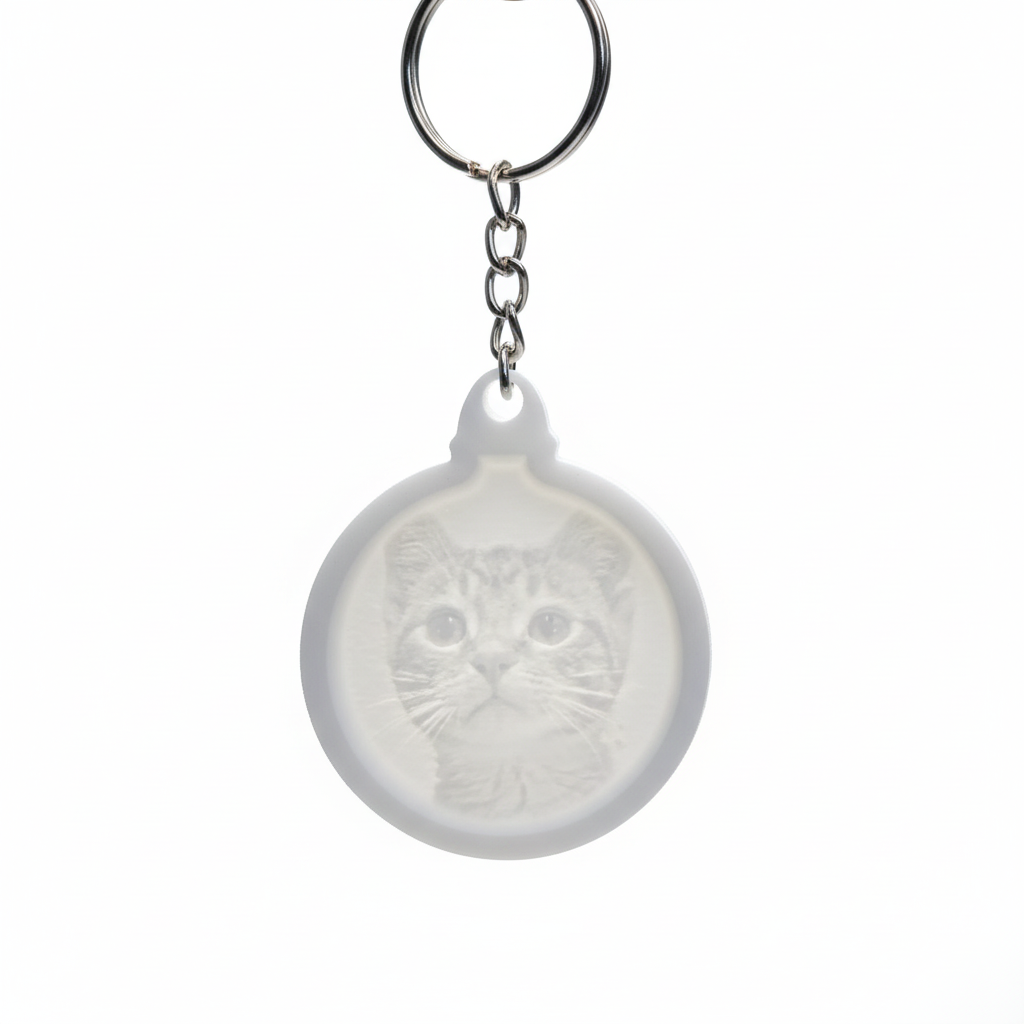 Close-up of circle lithophane photo keychain showing personalized design and quality
