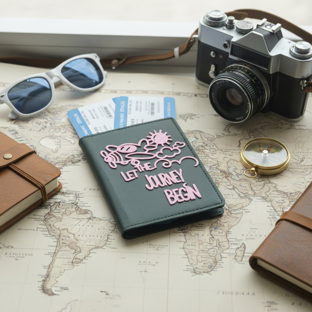 Let the Journey Begin passport cover in travel flatlay with adventure essentials