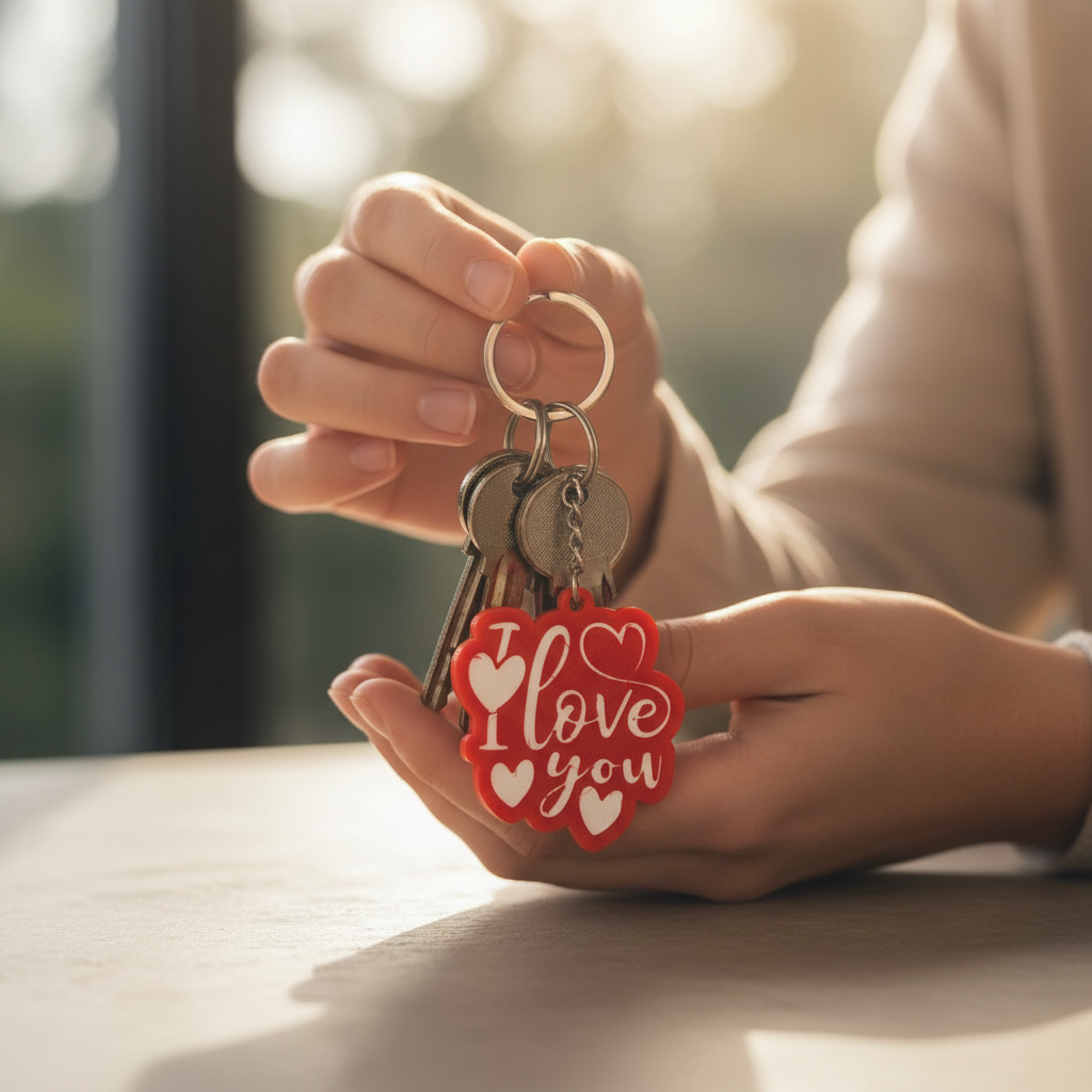 Person holding keys with I Love You 3D printed keychain romantic