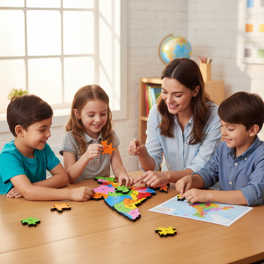 Children engaged in learning Indian geography with Map of India 2D puzzle