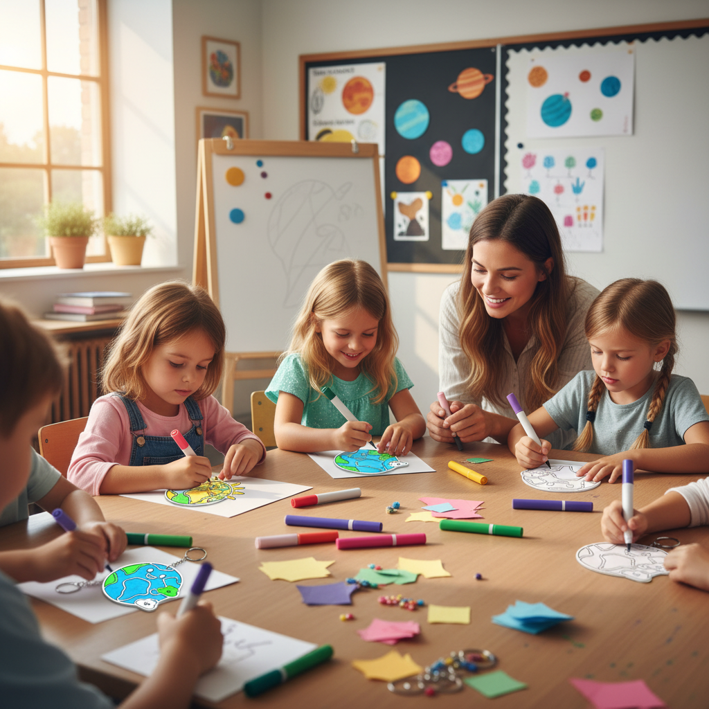 Children art class coloring smiley earth keychains together