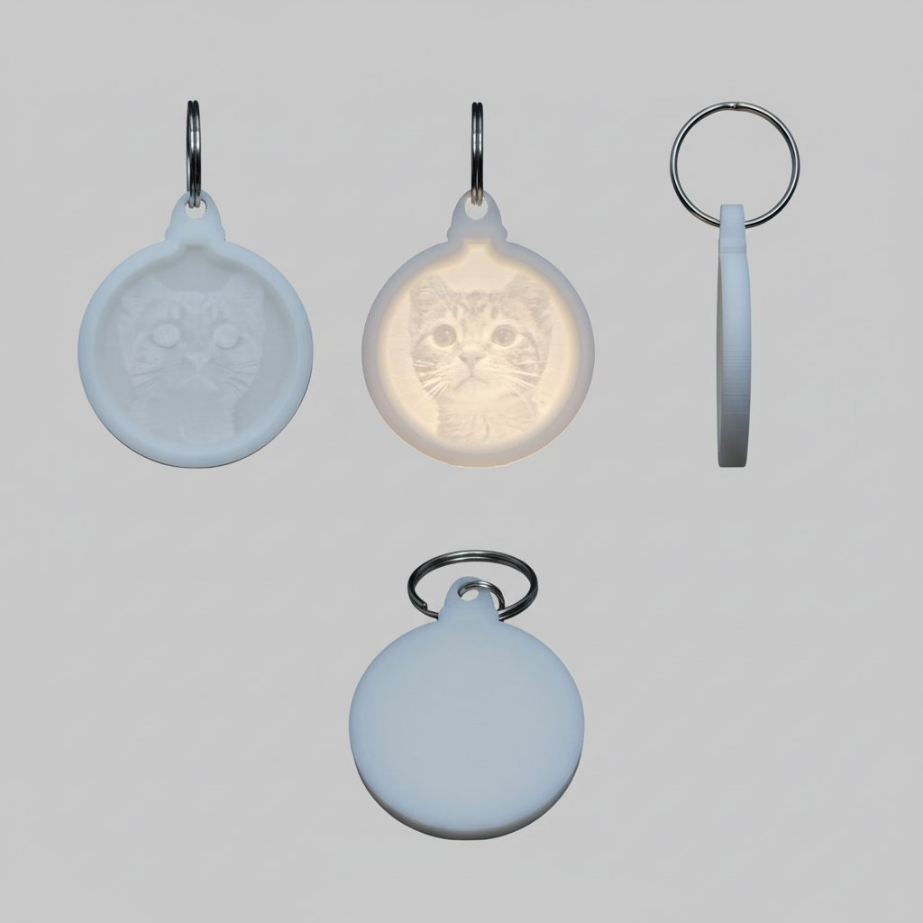 Multiple angle views of circle lithophane keychain showing backlit and non-backlit effects