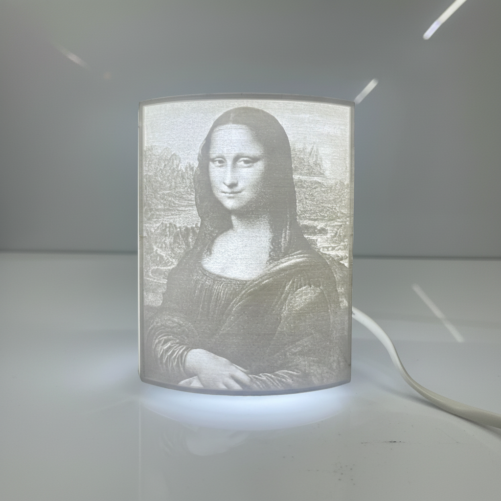 Close-up Mona Lisa lithophane intricate 3D engraved painting details