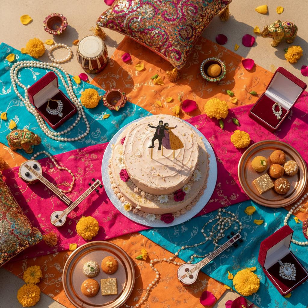 Sangeet cake topper in festive flatlay with celebration items