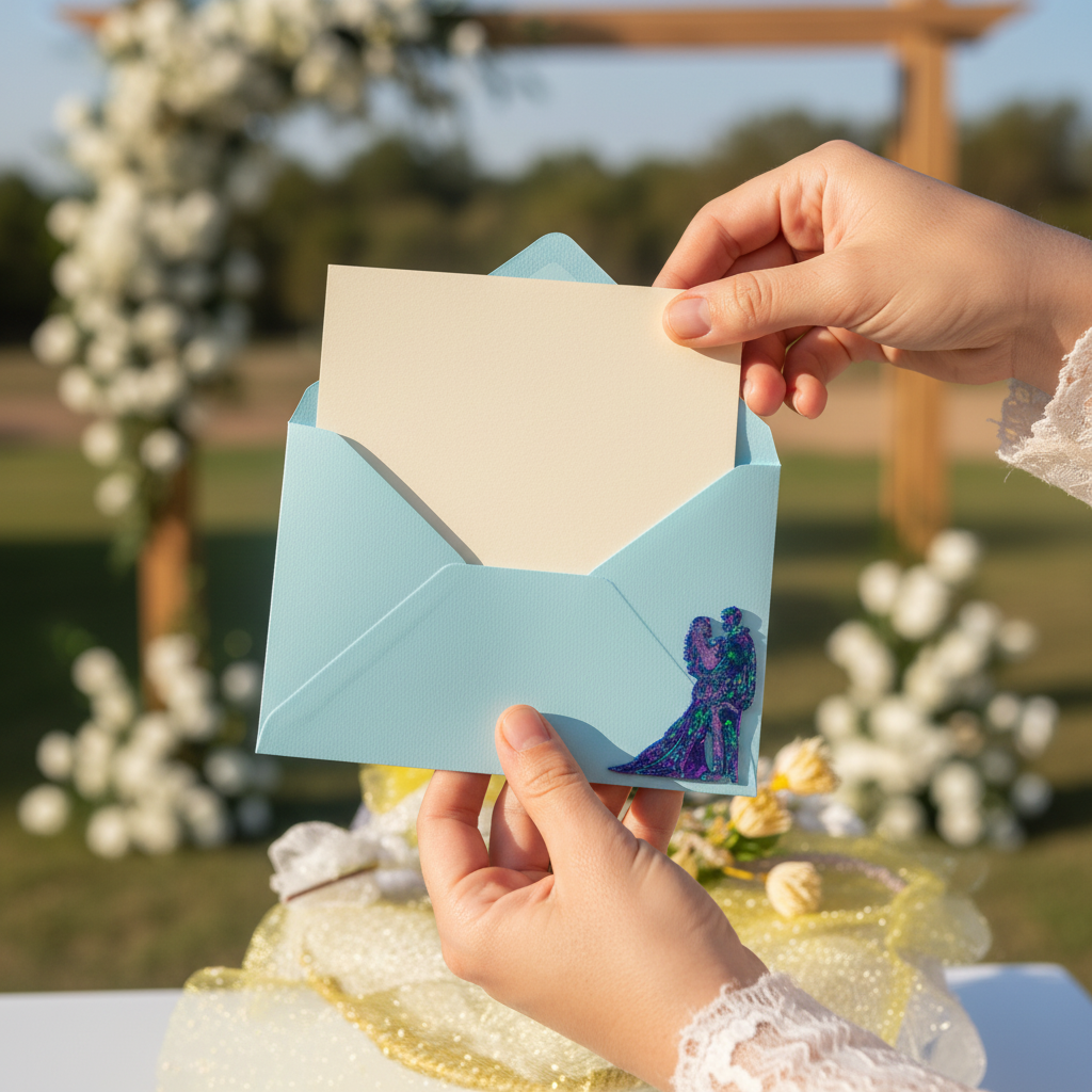 Person holding light blue 3D printed envelope wedding placing card
