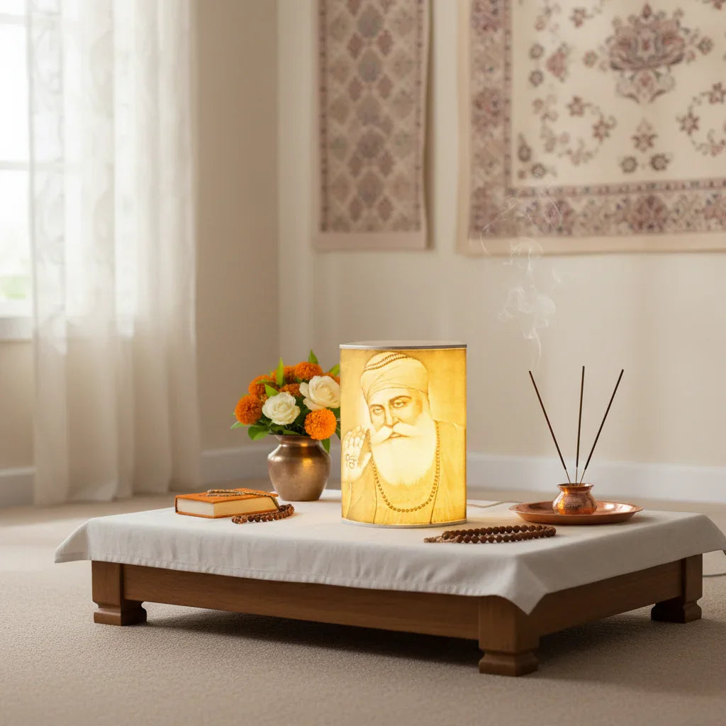 Peaceful meditation altar with Guru Nanak lamp, flowers, incense, and prayer beads at The Sculpt Studio