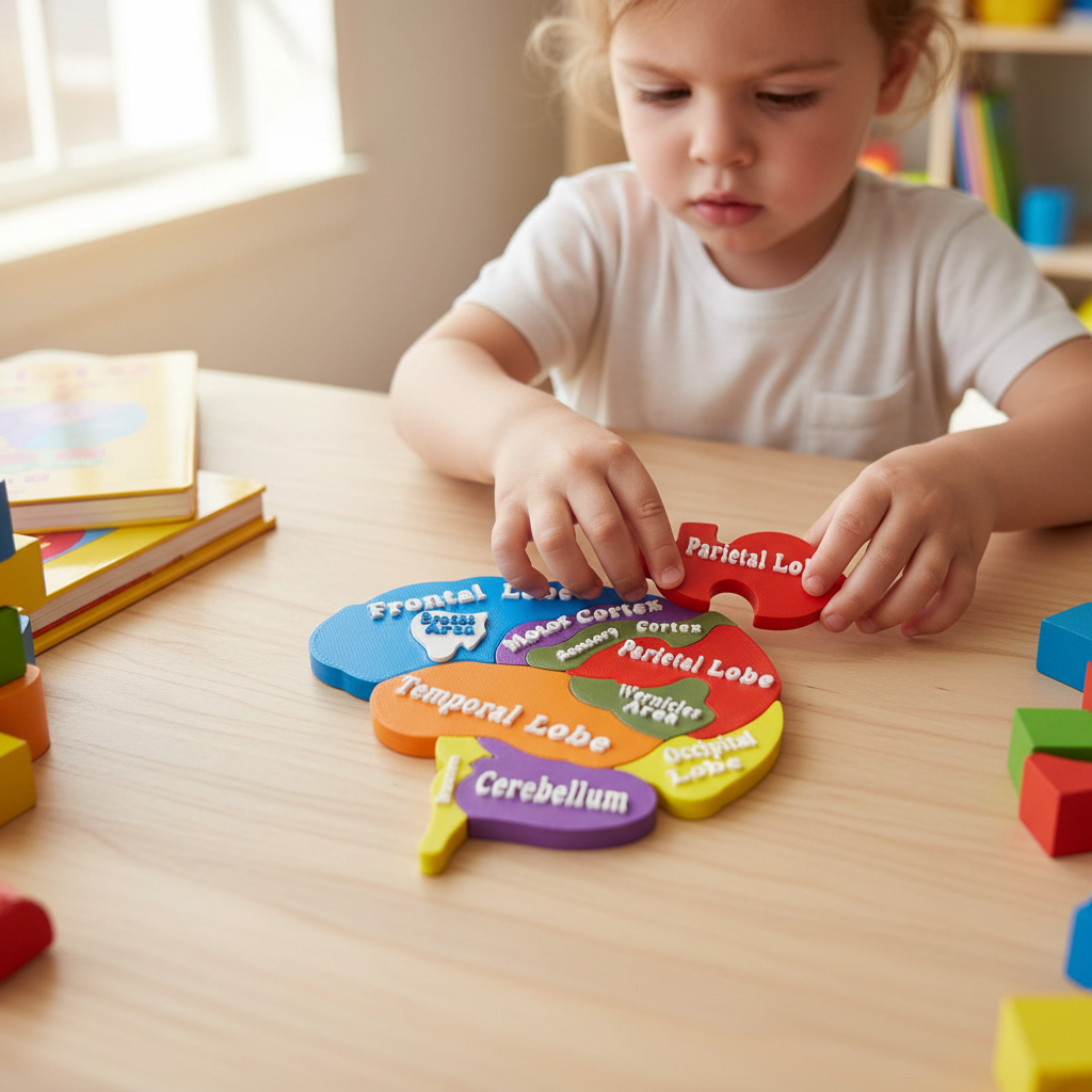 Child hands solving 2D brain puzzle problem-solving learning