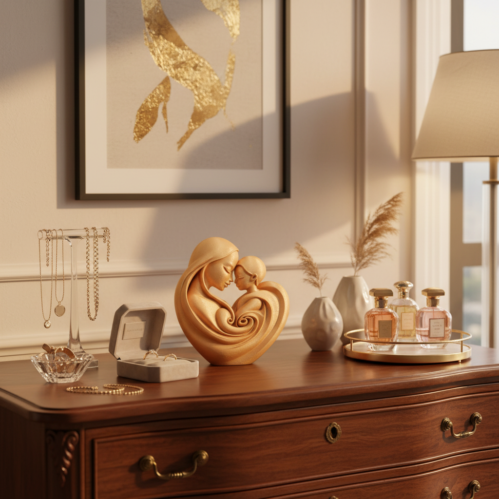 Gold MOM heart figurine displayed on dresser with elegant home decor