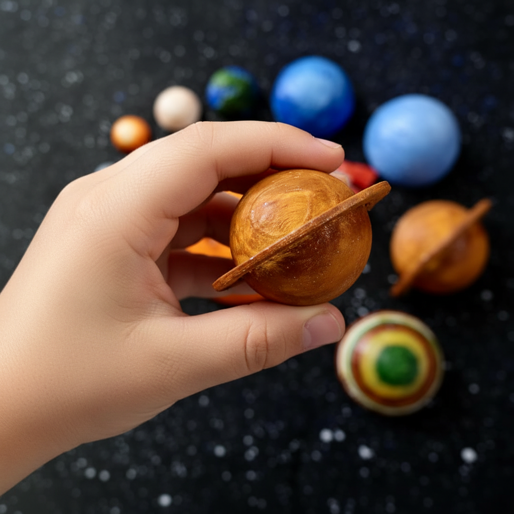 Child hand holding Saturn planet showing scale detail