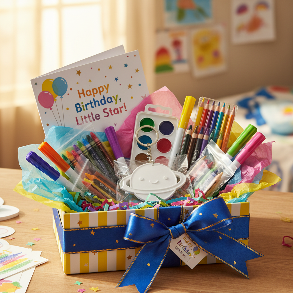 Smiley Saturn keychain gift presentation with art supplies for creative kids