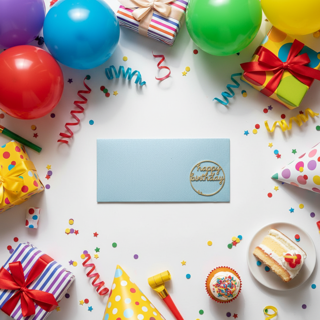 Light blue Happy Birthday envelope in festive flatlay with birthday decorations