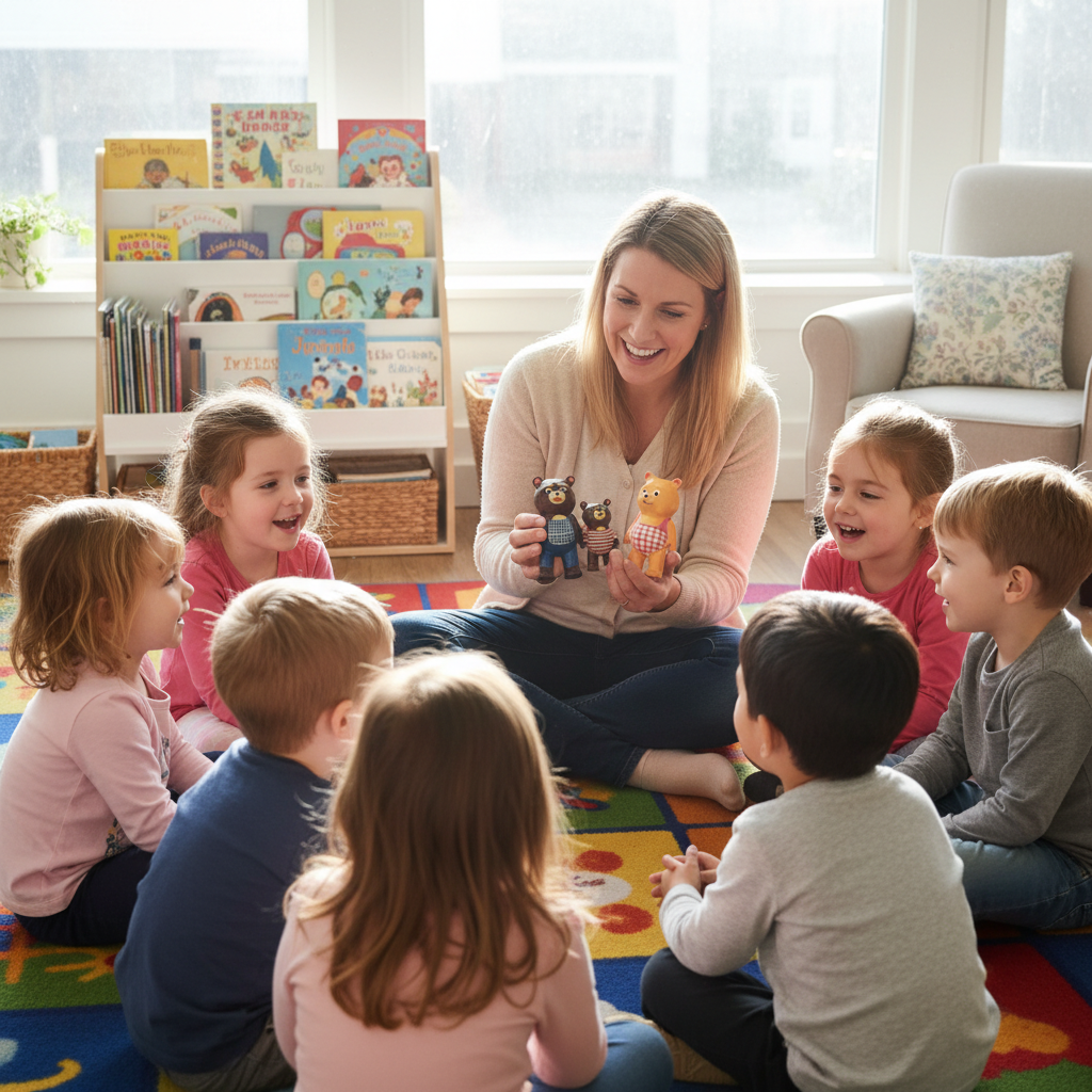 Children engaged in interactive storytime using Goldilocks and Three Bears 3D printed story props