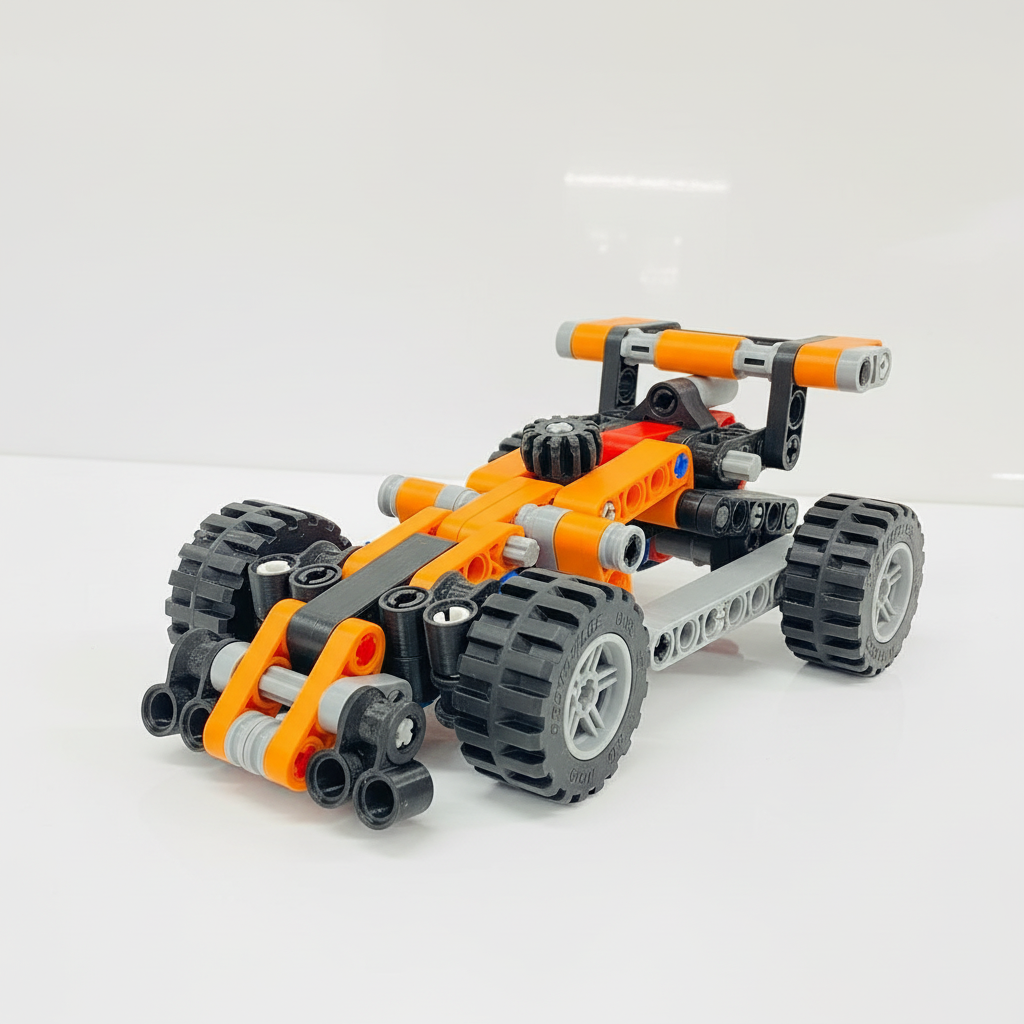 Close-up of racing car toy showing bold orange black grey modular design