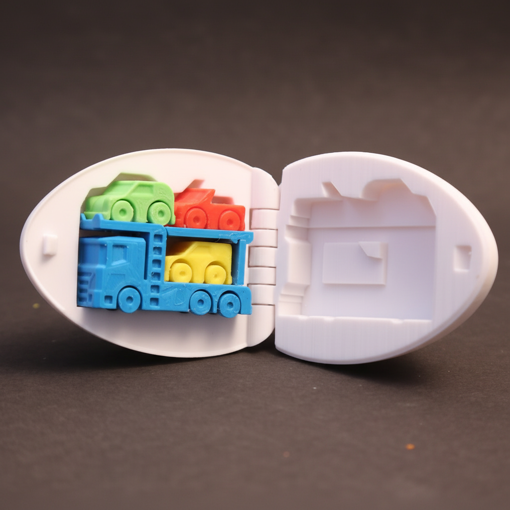 Close-up surprising egg showing opening mechanism 3D printed