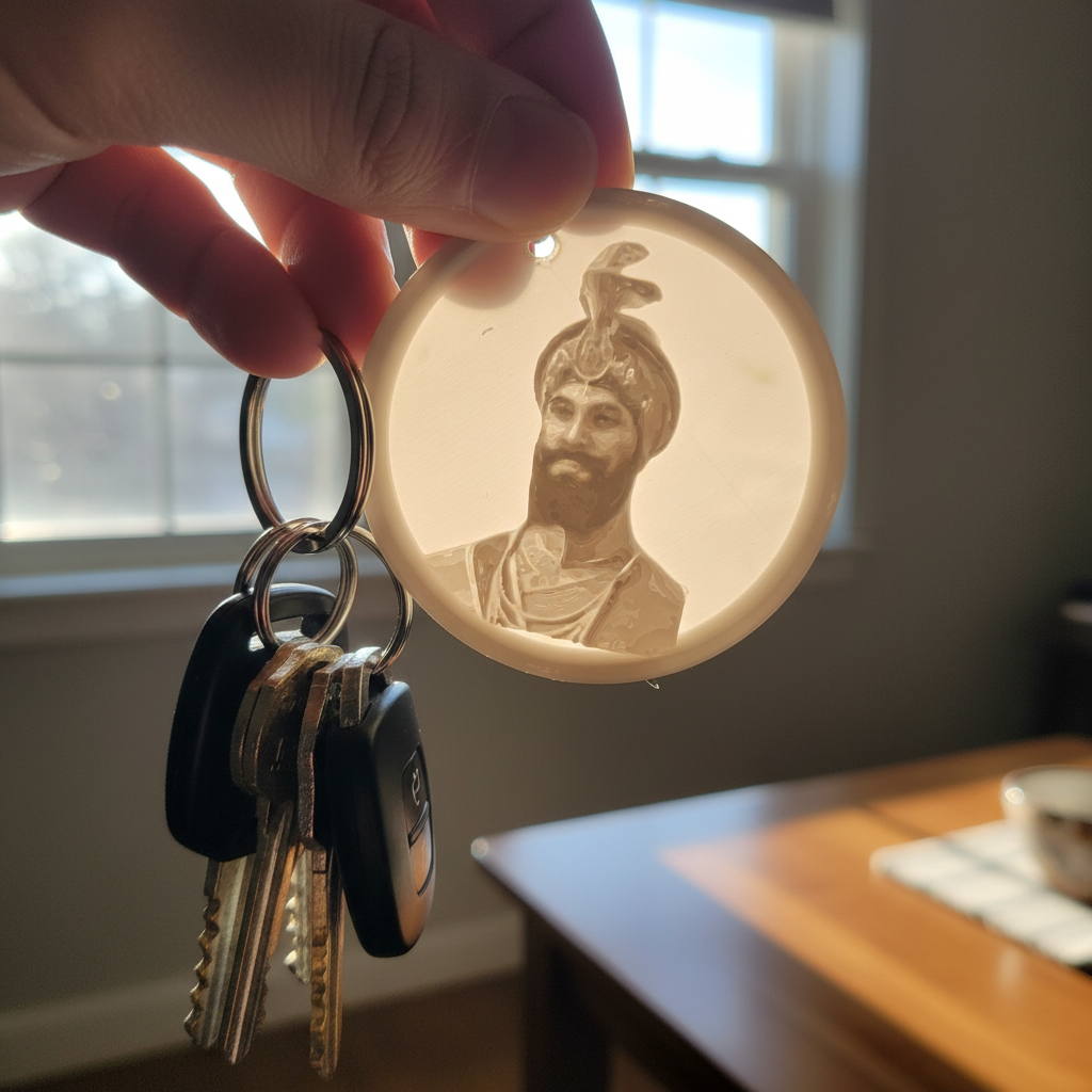 Person holding Sikh warrior lithophane keychain to light showing heritage portrait glowing