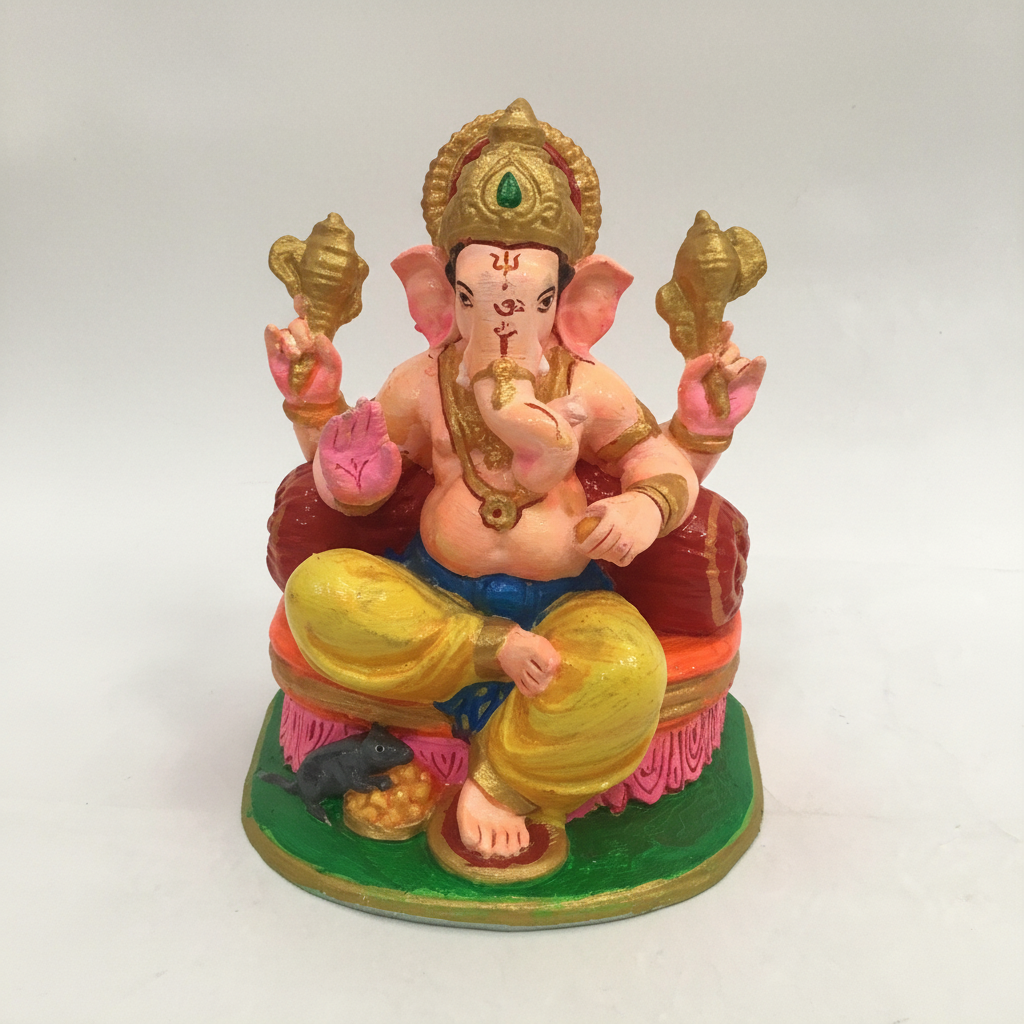 Close-up front view of Colored 3D Printed Ganesh Ji Murti showing vibrant colors and intricate details